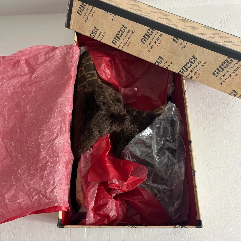 Gucci Men's Lawrence Faux Fur Suede GG Logo Slides Size 12 Chocolate Brown - Picture 10 of 13